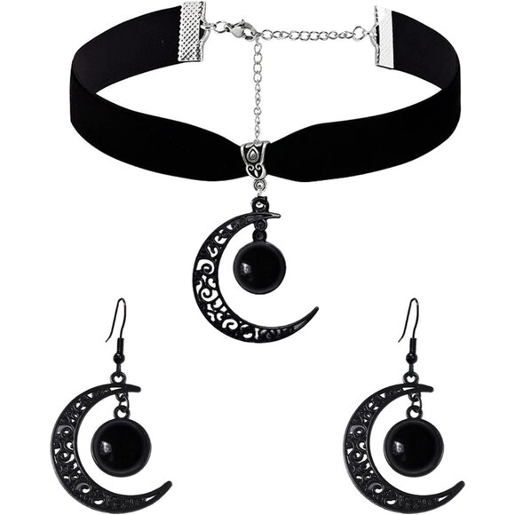 Jewelry - Gothic Moon Jewelry Set Black Velvet Necklace Earrings Costume Accessory